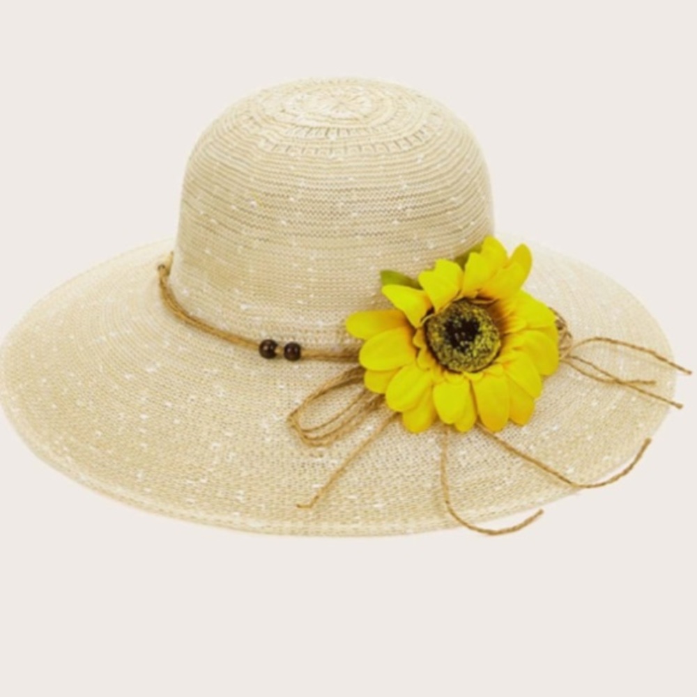 Sunflower Boho Floppy Beige Straw Hat - Picture 2 of 11